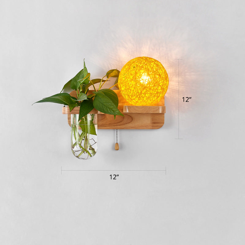 Frendorf | 1-Licht Rattan Wandleuchte Nordic Ball Wohnzimmer Wandleuchte mit Zugkette und Pflanzenpot