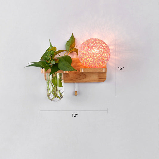 Frendorf | 1-Licht Rattan Wandleuchte Nordic Ball Wohnzimmer Wandleuchte mit Zugkette und Pflanzenpot