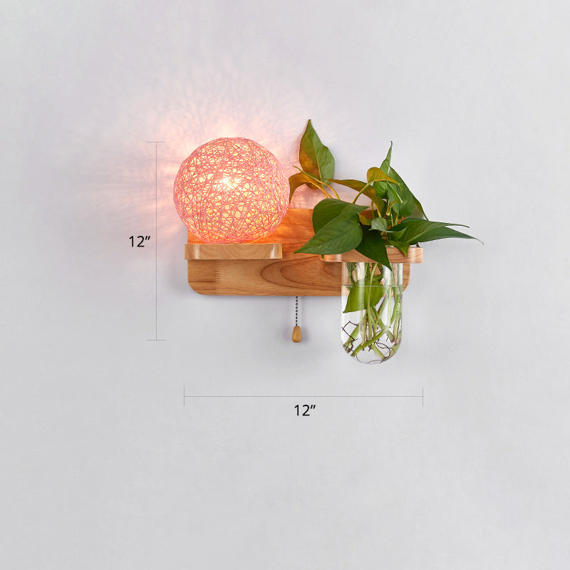 Frendorf | 1-Licht Rattan Wandleuchte Nordic Ball Wohnzimmer Wandleuchte mit Zugkette und Pflanzenpot