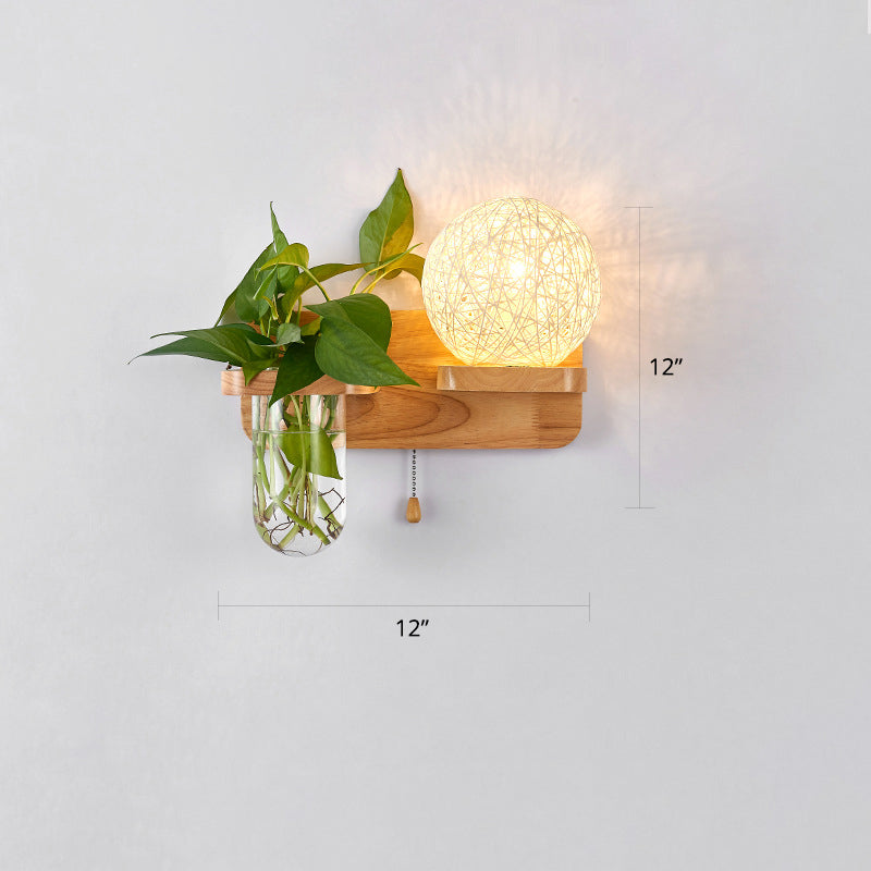 Frendorf | 1-Licht Rattan Wandleuchte Nordic Ball Wohnzimmer Wandleuchte mit Zugkette und Pflanzenpot