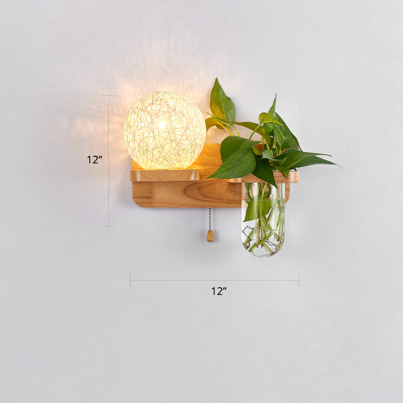 Frendorf | 1-Licht Rattan Wandleuchte Nordic Ball Wohnzimmer Wandleuchte mit Zugkette und Pflanzenpot