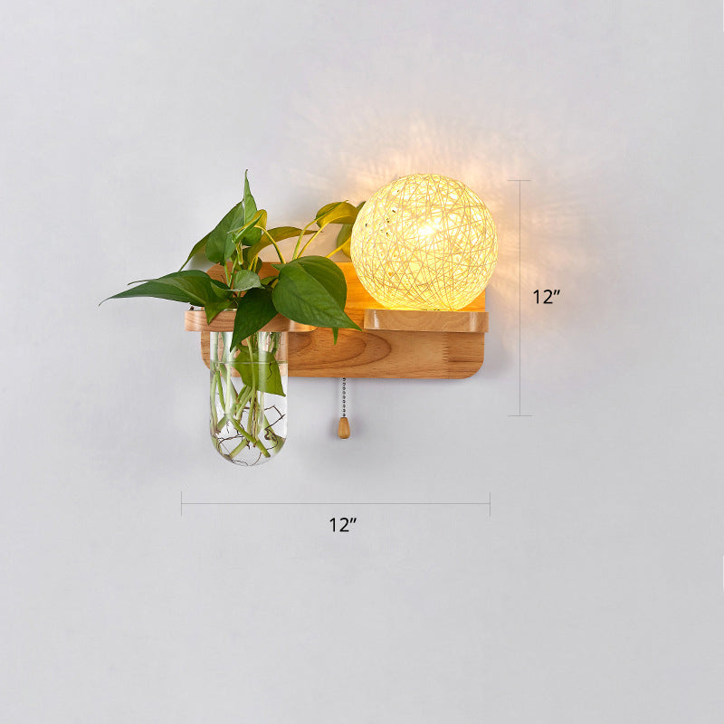 Frendorf | 1-Licht Rattan Wandleuchte Nordic Ball Wohnzimmer Wandleuchte mit Zugkette und Pflanzenpot