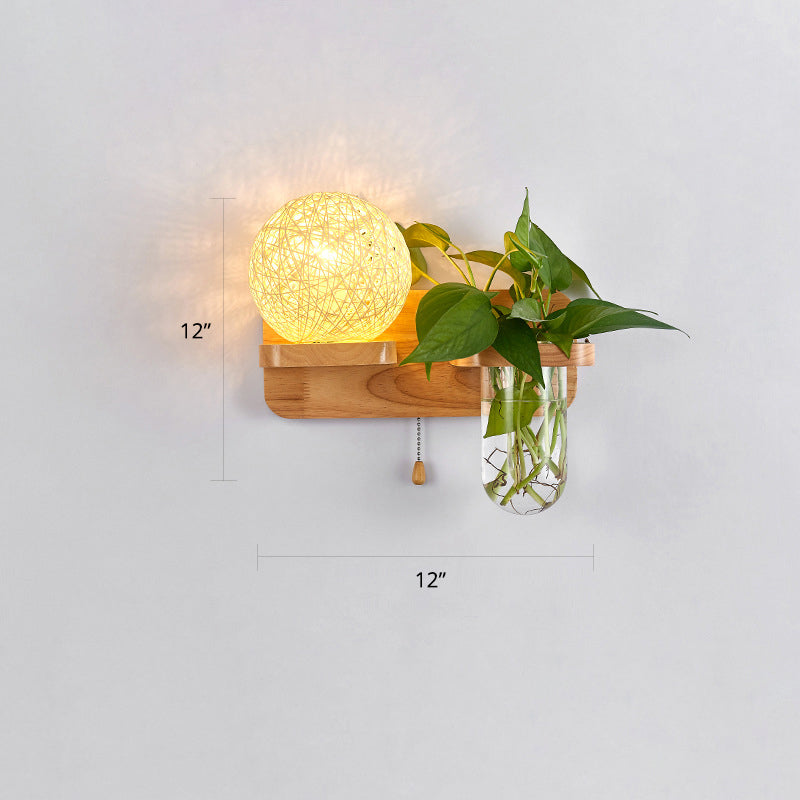 Frendorf | 1-Licht Rattan Wandleuchte Nordic Ball Wohnzimmer Wandleuchte mit Zugkette und Pflanzenpot