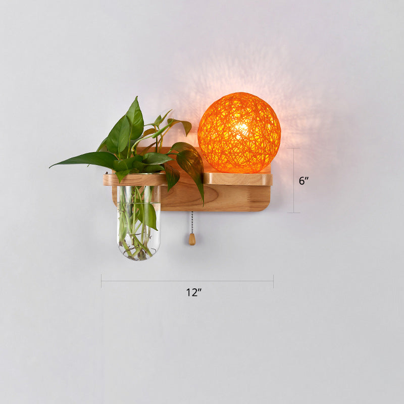 Frendorf | 1-Licht Rattan Wandleuchte Nordic Ball Wohnzimmer Wandleuchte mit Zugkette und Pflanzenpot