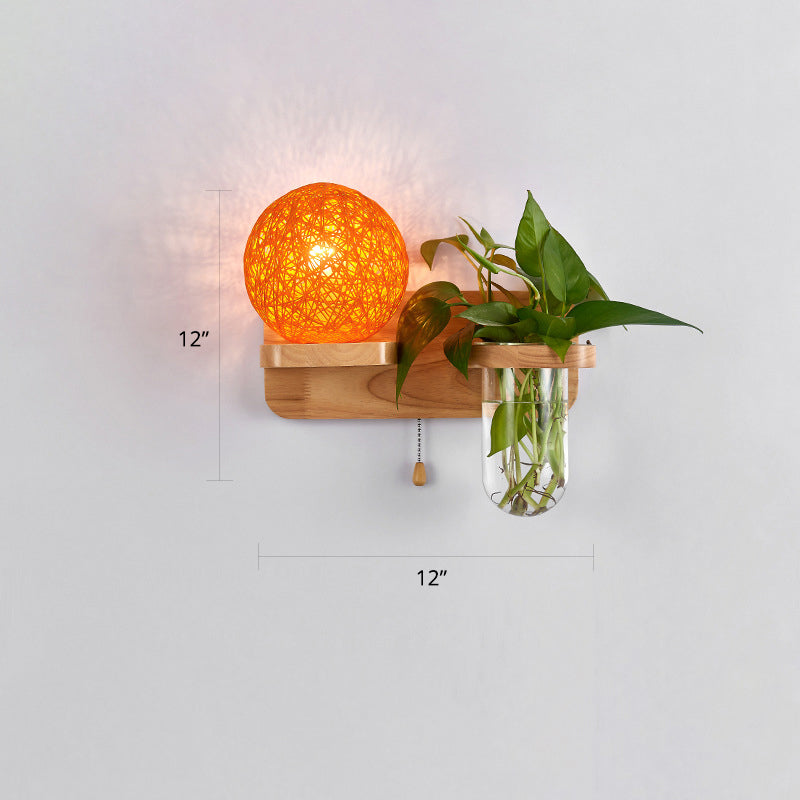 Frendorf | 1-Licht Rattan Wandleuchte Nordic Ball Wohnzimmer Wandleuchte mit Zugkette und Pflanzenpot