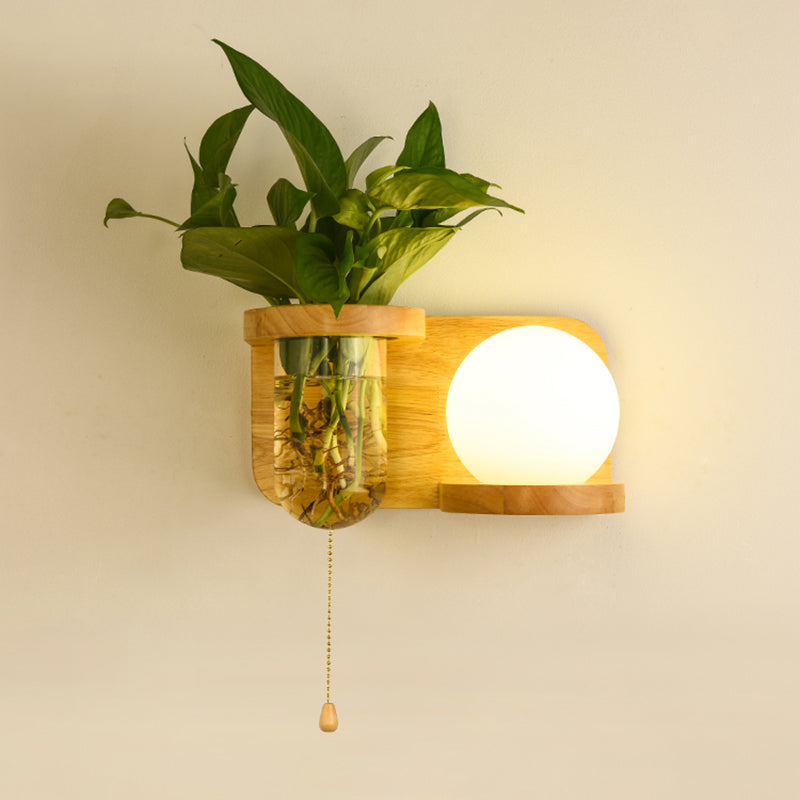 Frendorf | Milk Glass Ball Wandverlichting Nordic 1-Lampen Nachtkastje Trekkoord Wandlamp met Houten Rek en Plantenbak