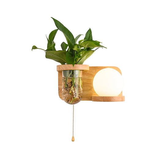 Frendorf | Milk Glass Ball Wandverlichting Nordic 1-Lampen Nachtkastje Trekkoord Wandlamp met Houten Rek en Plantenbak