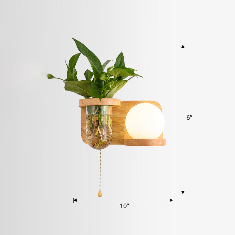 Frendorf | Milk Glass Ball Wandverlichting Nordic 1-Lampen Nachtkastje Trekkoord Wandlamp met Houten Rek en Plantenbak