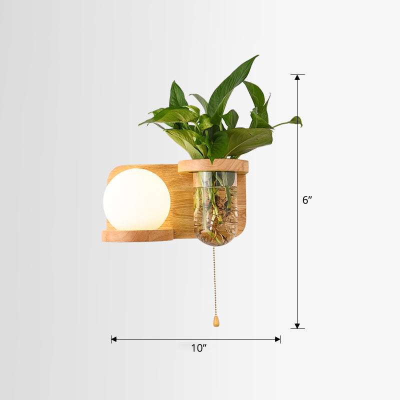 Frendorf | Milk Glass Ball Wandverlichting Nordic 1-Lampen Nachtkastje Trekkoord Wandlamp met Houten Rek en Plantenbak