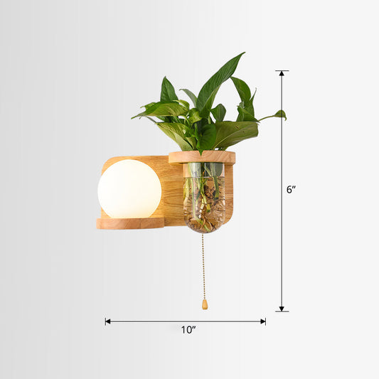 Frendorf | Milk Glass Ball Wandverlichting Nordic 1-Lampen Nachtkastje Trekkoord Wandlamp met Houten Rek en Plantenbak
