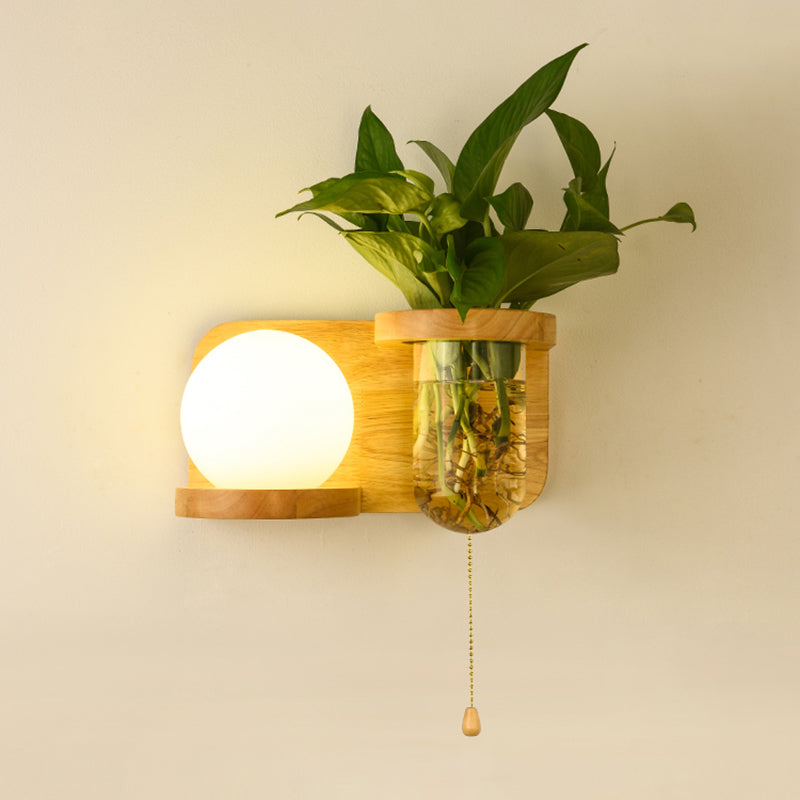 Frendorf | Milk Glass Ball Wandverlichting Nordic 1-Lampen Nachtkastje Trekkoord Wandlamp met Houten Rek en Plantenbak