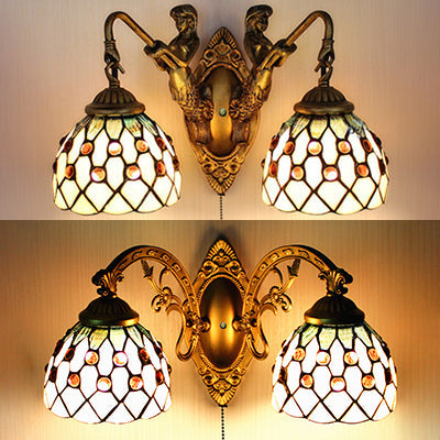 Frendorf | 2 Köpfe Wandleuchte Tiffany Kurvenarm/Meerjungfrau Beige Glas Wandmontage Licht mit Zugschalter