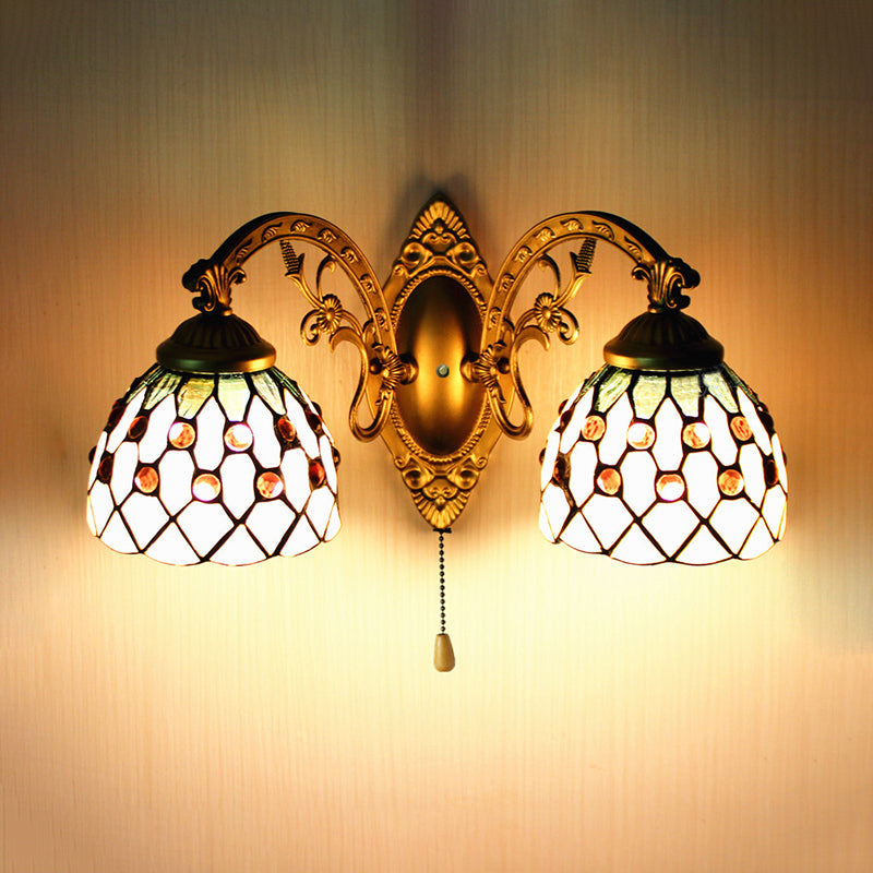 Frendorf | 2 Köpfe Wandleuchte Tiffany Kurvenarm/Meerjungfrau Beige Glas Wandmontage Licht mit Zugschalter
