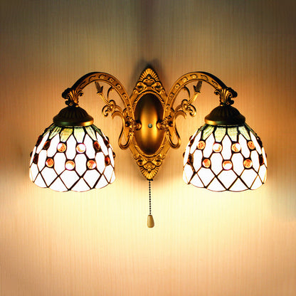 Frendorf | 2 Köpfe Wandleuchte Tiffany Kurvenarm/Meerjungfrau Beige Glas Wandmontage Licht mit Zugschalter