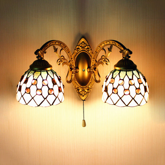 Frendorf | 2 Köpfe Wandleuchte Tiffany Kurvenarm/Meerjungfrau Beige Glas Wandmontage Licht mit Zugschalter
