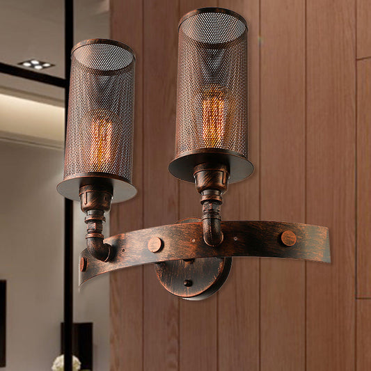 Frendorf | Antieke stijl dubbele cilinder wandlamp met gaas kap 2 lichten smeedijzeren wandmontage lamp in verouderd koper