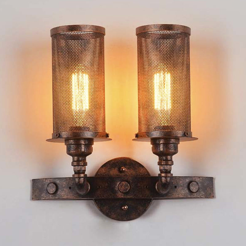 Frendorf | Antieke stijl dubbele cilinder wandlamp met gaas kap 2 lichten smeedijzeren wandmontage lamp in verouderd koper