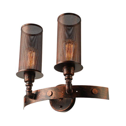 Frendorf | Antieke stijl dubbele cilinder wandlamp met gaas kap 2 lichten smeedijzeren wandmontage lamp in verouderd koper