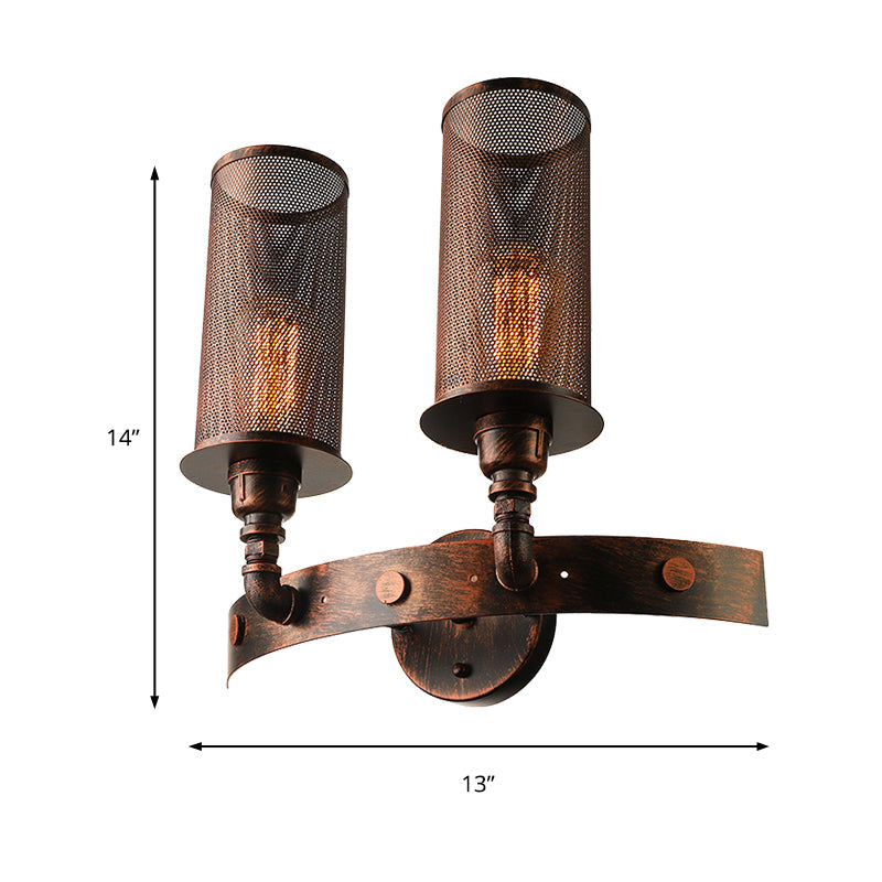 Frendorf | Antieke stijl dubbele cilinder wandlamp met gaas kap 2 lichten smeedijzeren wandmontage lamp in verouderd koper