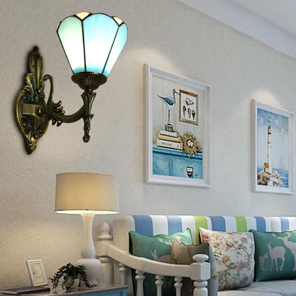 Frendorf | Vintage stijl kegellamp wandverlichting glas-in-lood 1 licht woonkamer wandlamp in wit/blauw