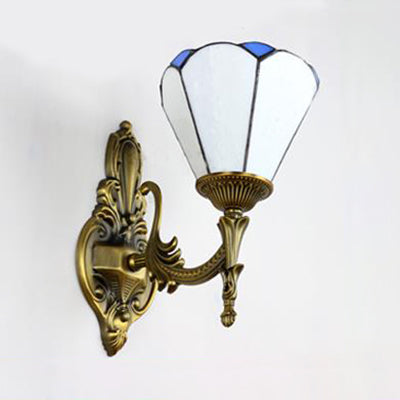 Frendorf | Vintage stijl kegellamp wandverlichting glas-in-lood 1 licht woonkamer wandlamp in wit/blauw
