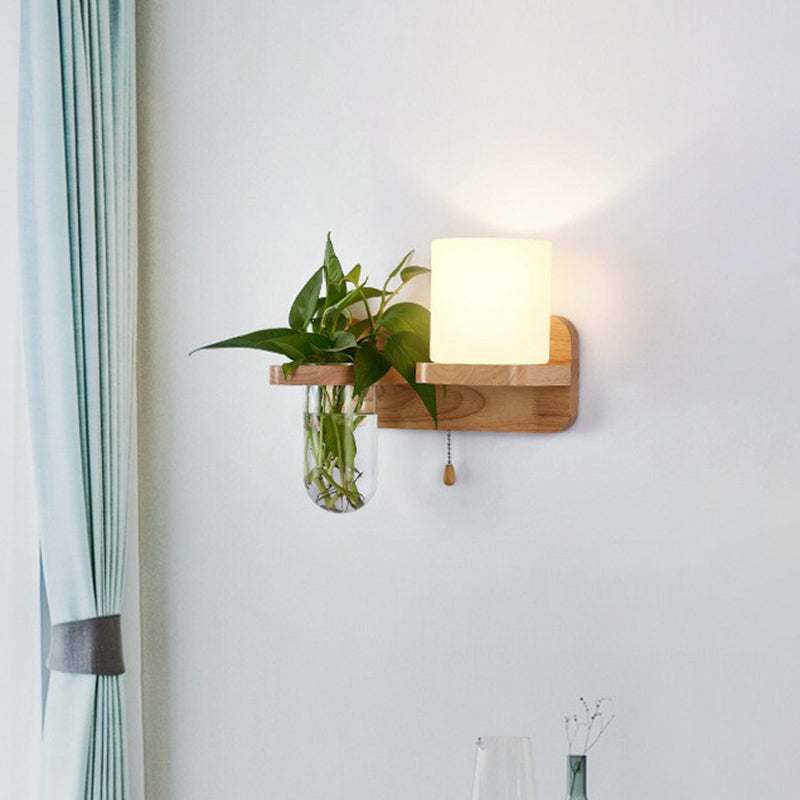 Frendorf | Roomwitte Glazen Geometrische Wandlamp Art Deco 1 Hoofdbedlamp Wandgemonteerd Licht met Plantencontainer en Houten Plank