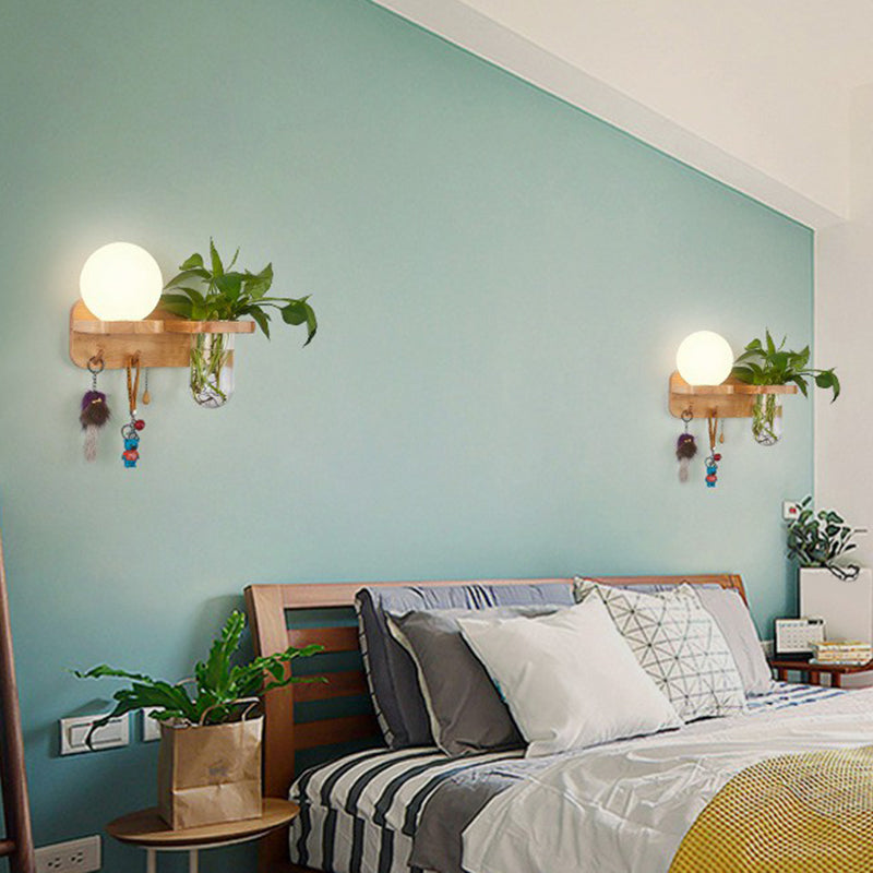 Frendorf | Roomwitte Glazen Geometrische Wandlamp Art Deco 1 Hoofdbedlamp Wandgemonteerd Licht met Plantencontainer en Houten Plank