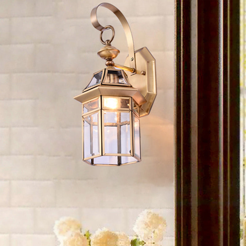 Frendorf | Hexagoon Helder Glas Wandlamp Traditie 1 Hoofd Messing Opbouw Wandlicht voor Trap