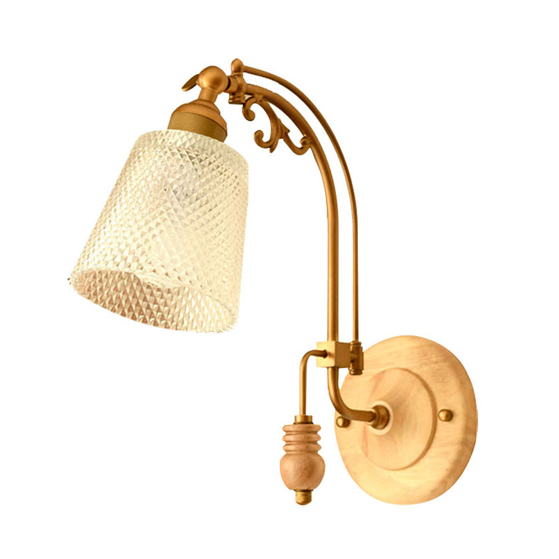 Frendorf | 1 Glühbirne Kegel Wandleuchte Tradition Prismen Glas Wand Lichtarmatur in Messing mit gebogenem Arm
