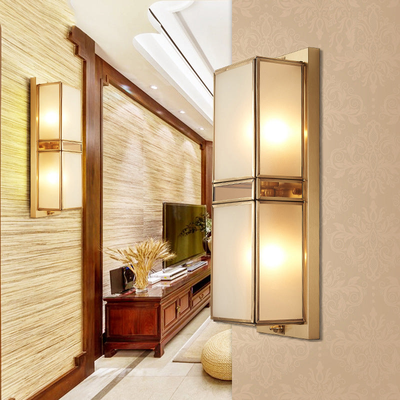 Frendorf | Messing Rechthoekige Wandlamp Traditionary Wit Glas 1/2 Koppen Muur Bevestigde Verlichting voor Woonkamer