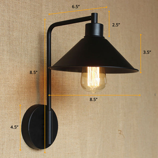 Frendorf | Konische Nachttischleseleuchte Retro Metall 1-Licht Schwarze Wandmontierte Lampe mit Rollkante