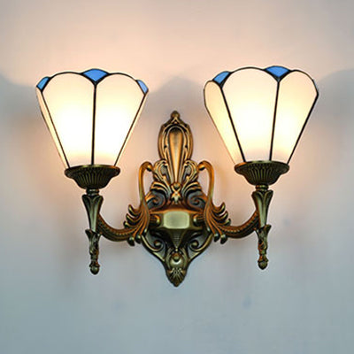 Frendorf | Glas-in-lood Kegel Wandlamp 2 Lampen Vintage Loft Wandmontage Licht in Wit/Blauw voor Slaapkamer