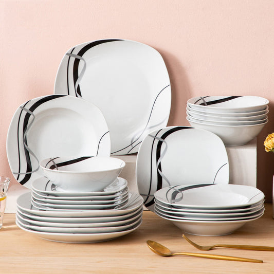 Frendorf | 24-teiliges Keramik Teller Combi Set Porzellan Geschirr Set aus Schüssel