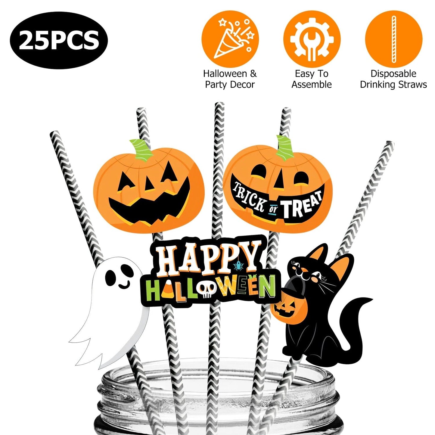 Frendorf | 24-teilig: Halloween-Party gestreifte Dekorationspapierstrohhalme