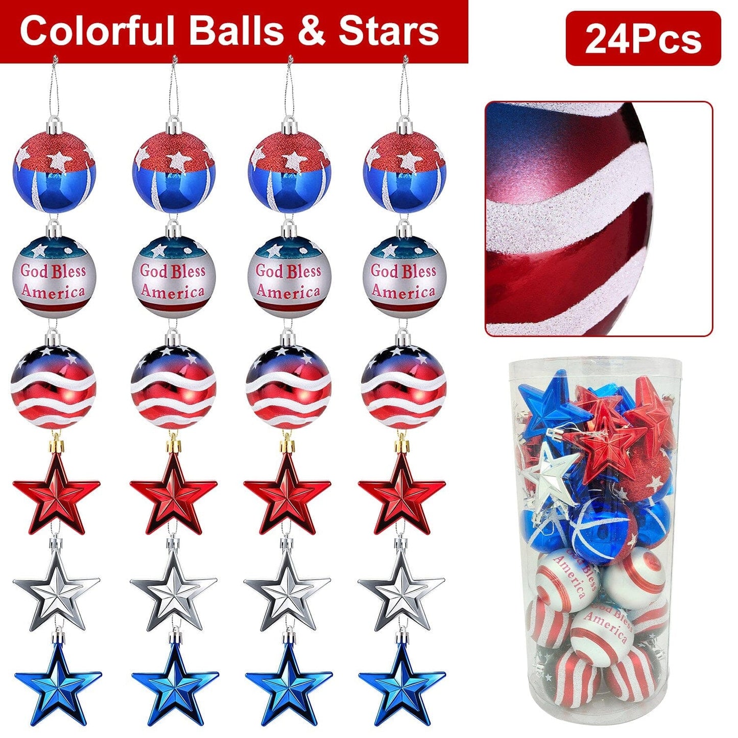 Frendorf | 24-Teile Set: Hängende Ornament Ball Stern Patriotisch