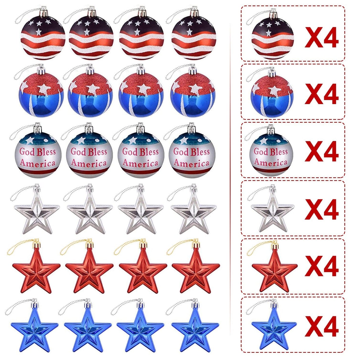 Frendorf | 24-Teile Set: Hängende Ornament Ball Stern Patriotisch