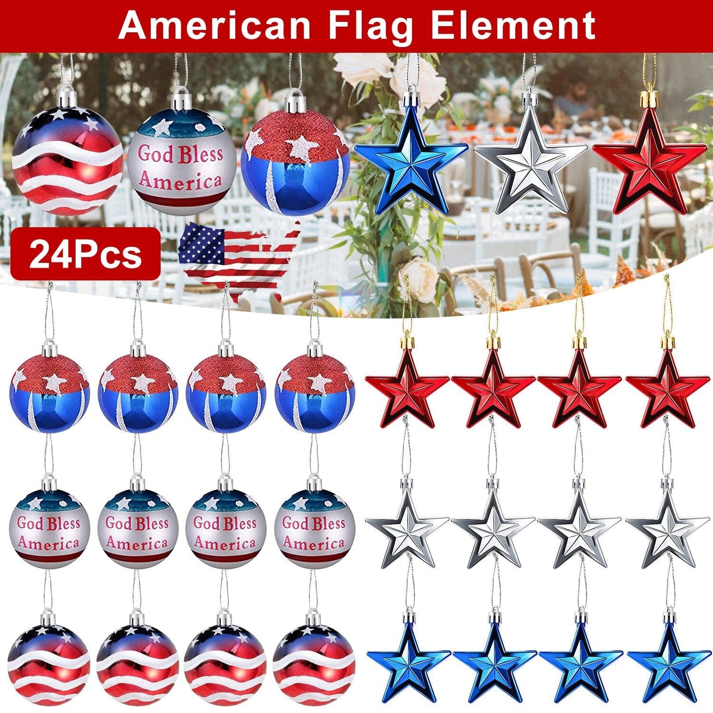 Frendorf | 24-Teile Set: Hängende Ornament Ball Stern Patriotisch