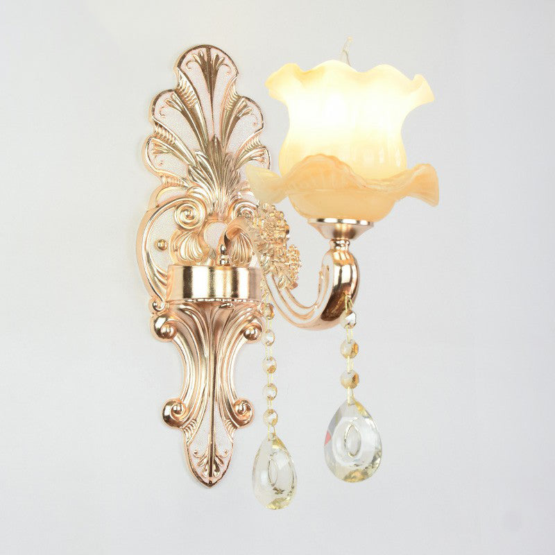 Frendorf | Klassische Blumen Wandlampe Faux Jade Satinierte Glas Wandbeleuchtung mit K9 Kristalltropfen in Silber