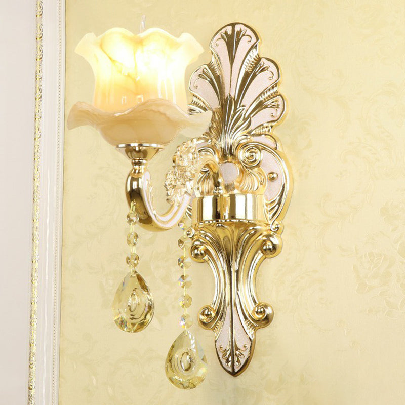 Frendorf | Klassische Blumen Wandlampe Faux Jade Satinierte Glas Wandbeleuchtung mit K9 Kristalltropfen in Silber