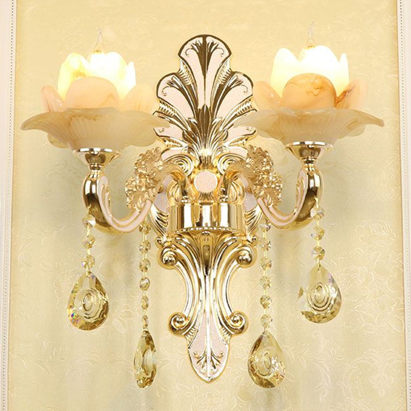 Frendorf | Klassische Blumen Wandlampe Faux Jade Satinierte Glas Wandbeleuchtung mit K9 Kristalltropfen in Silber