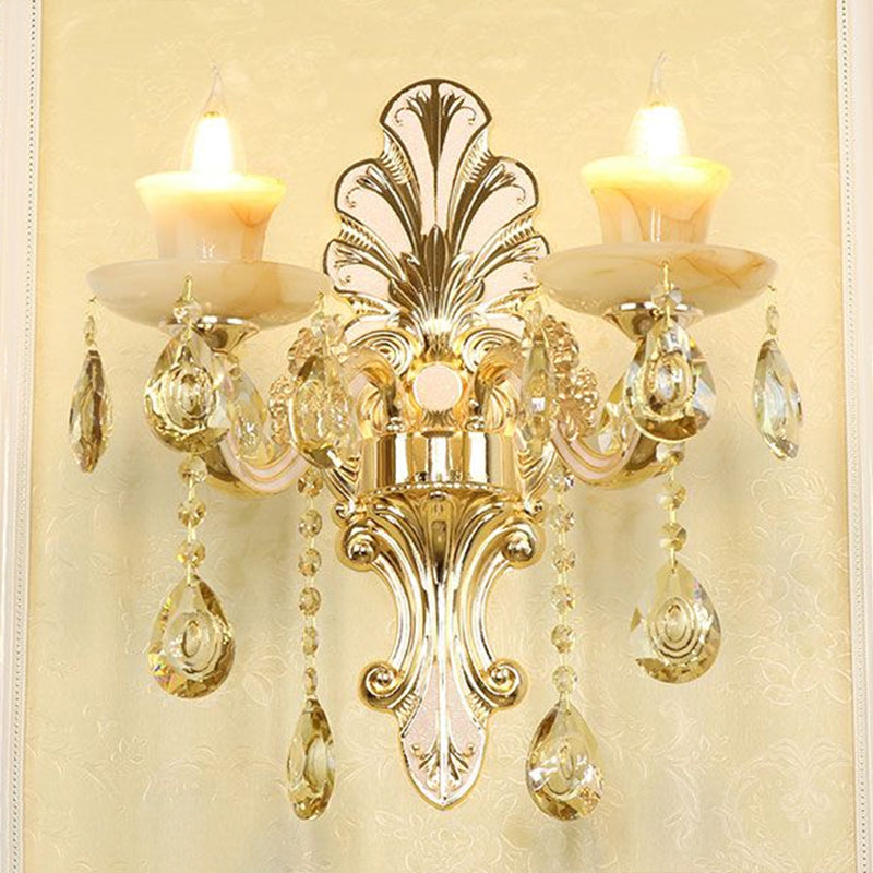 Frendorf | Klassische Blumen Wandlampe Faux Jade Satinierte Glas Wandbeleuchtung mit K9 Kristalltropfen in Silber