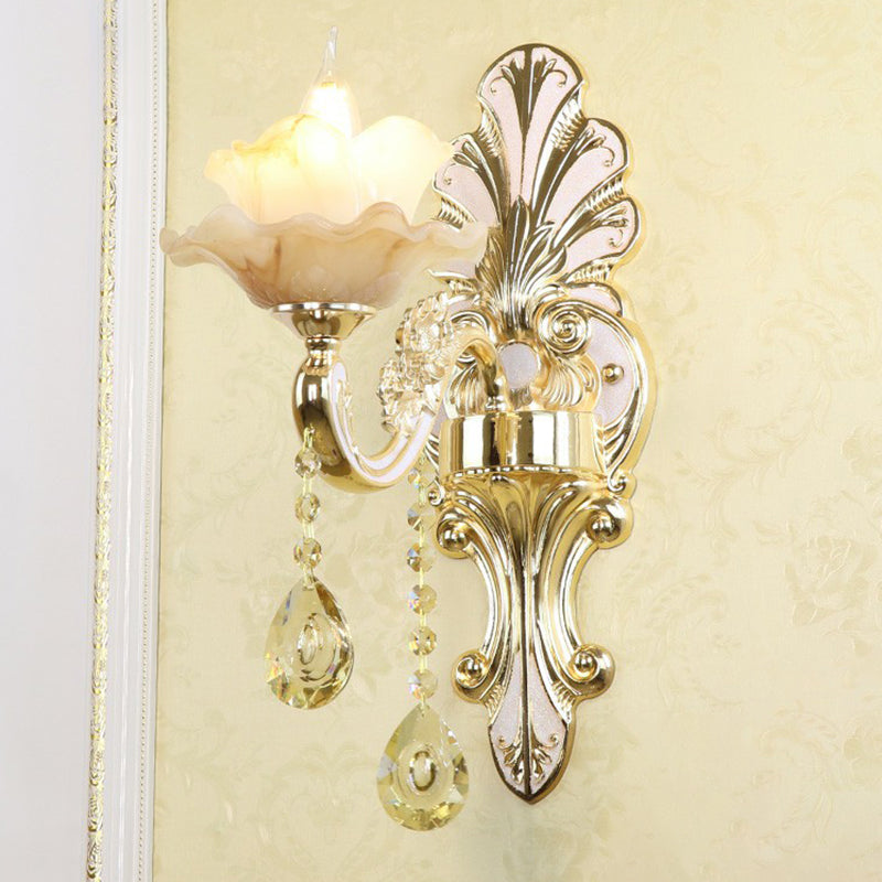 Frendorf | Klassische Blumen Wandlampe Faux Jade Satinierte Glas Wandbeleuchtung mit K9 Kristalltropfen in Silber