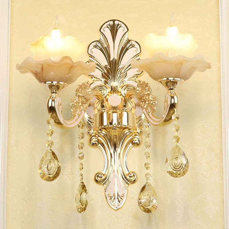Frendorf | Klassische Blumen Wandlampe Faux Jade Satinierte Glas Wandbeleuchtung mit K9 Kristalltropfen in Silber