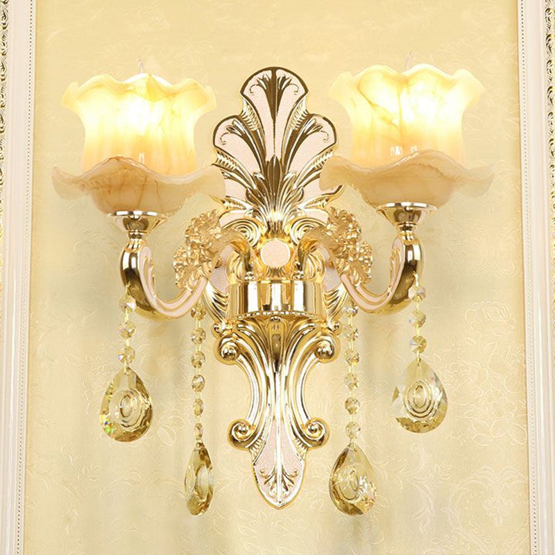 Frendorf | Klassische Blumen Wandlampe Faux Jade Satinierte Glas Wandbeleuchtung mit K9 Kristalltropfen in Silber