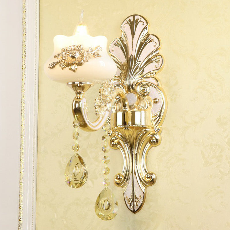 Frendorf | Klassische Blumen Wandlampe Faux Jade Satinierte Glas Wandbeleuchtung mit K9 Kristalltropfen in Silber