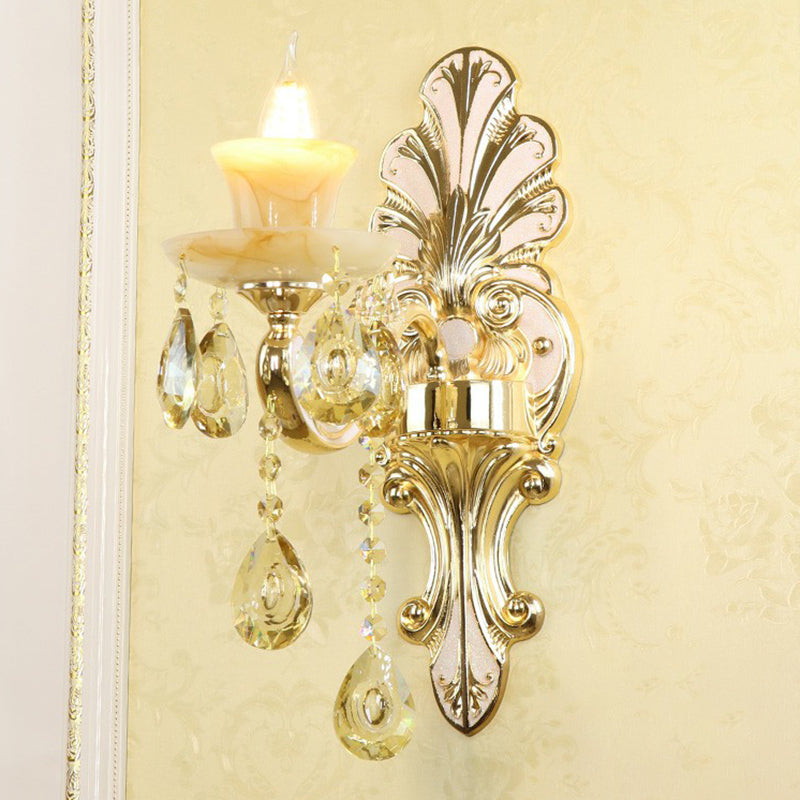 Frendorf | Klassische Blumen Wandlampe Faux Jade Satinierte Glas Wandbeleuchtung mit K9 Kristalltropfen in Silber