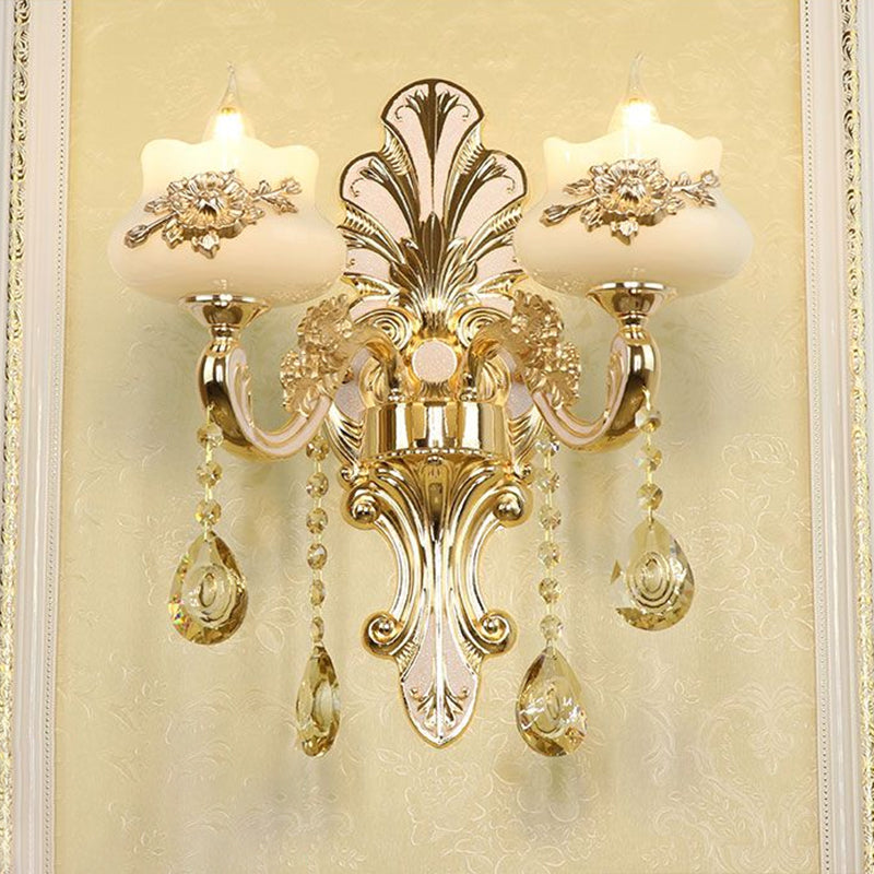 Frendorf | Klassische Blumen Wandlampe Faux Jade Satinierte Glas Wandbeleuchtung mit K9 Kristalltropfen in Silber
