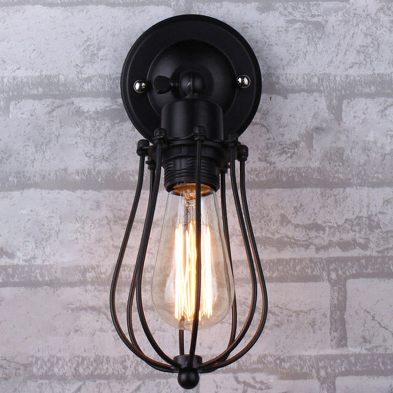 Frendorf | Birnenförmige Käfigeisen Wandlampe Industrielles Schlafzimmer Verstellbares Lese Wandlicht in Schwarz