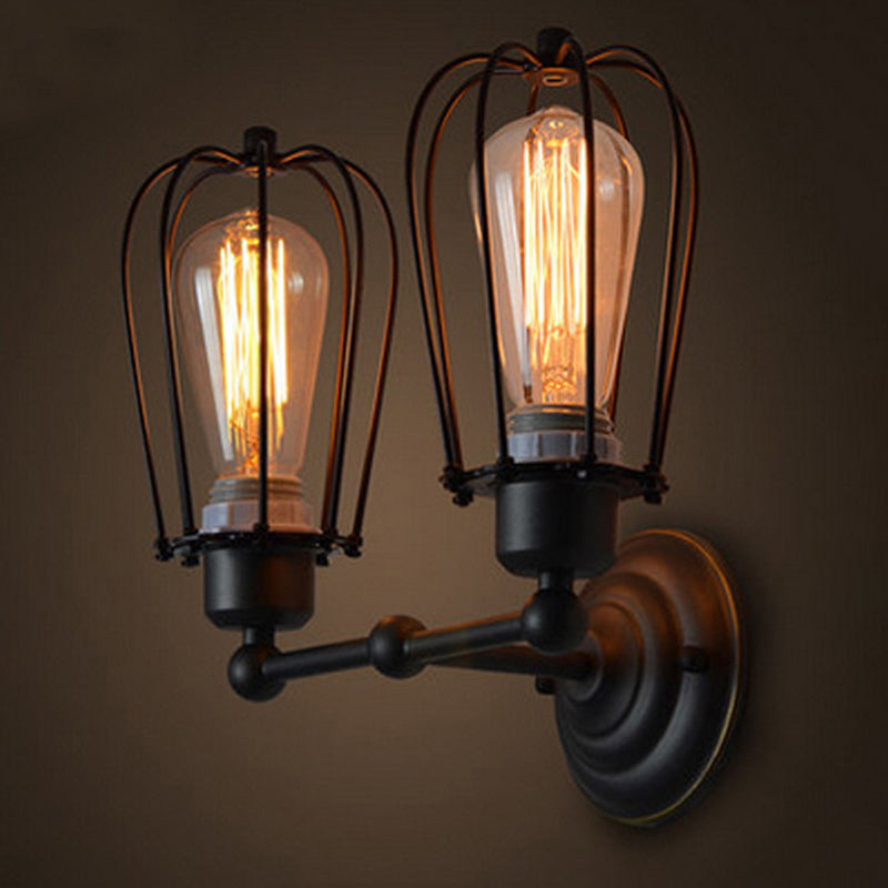 Frendorf | Birnenförmige Käfigeisen Wandlampe Industrielles Schlafzimmer Verstellbares Lese Wandlicht in Schwarz