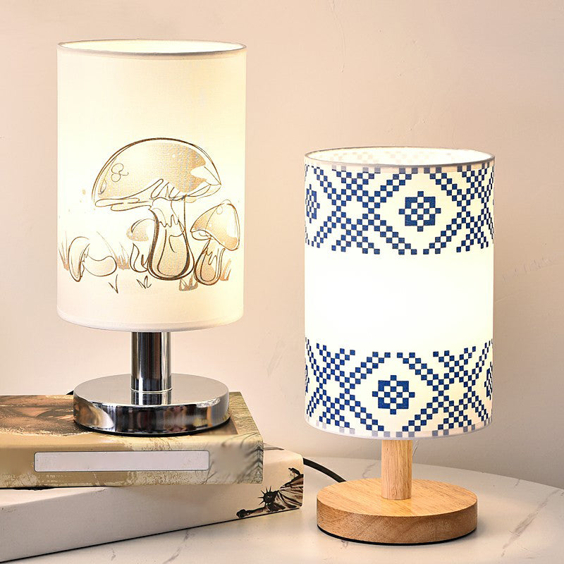 Zylinder Nachttischlampe Print Stoff 1-Licht Minimalistische Nachttischlampe in Weiß